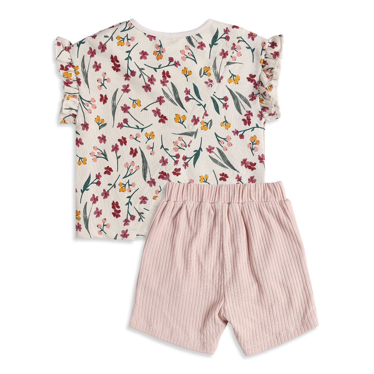Baby Girls Floral Printed Top & Ribbed Shorts Clothing Set Regular Fit Casual Kids Co-ord Set