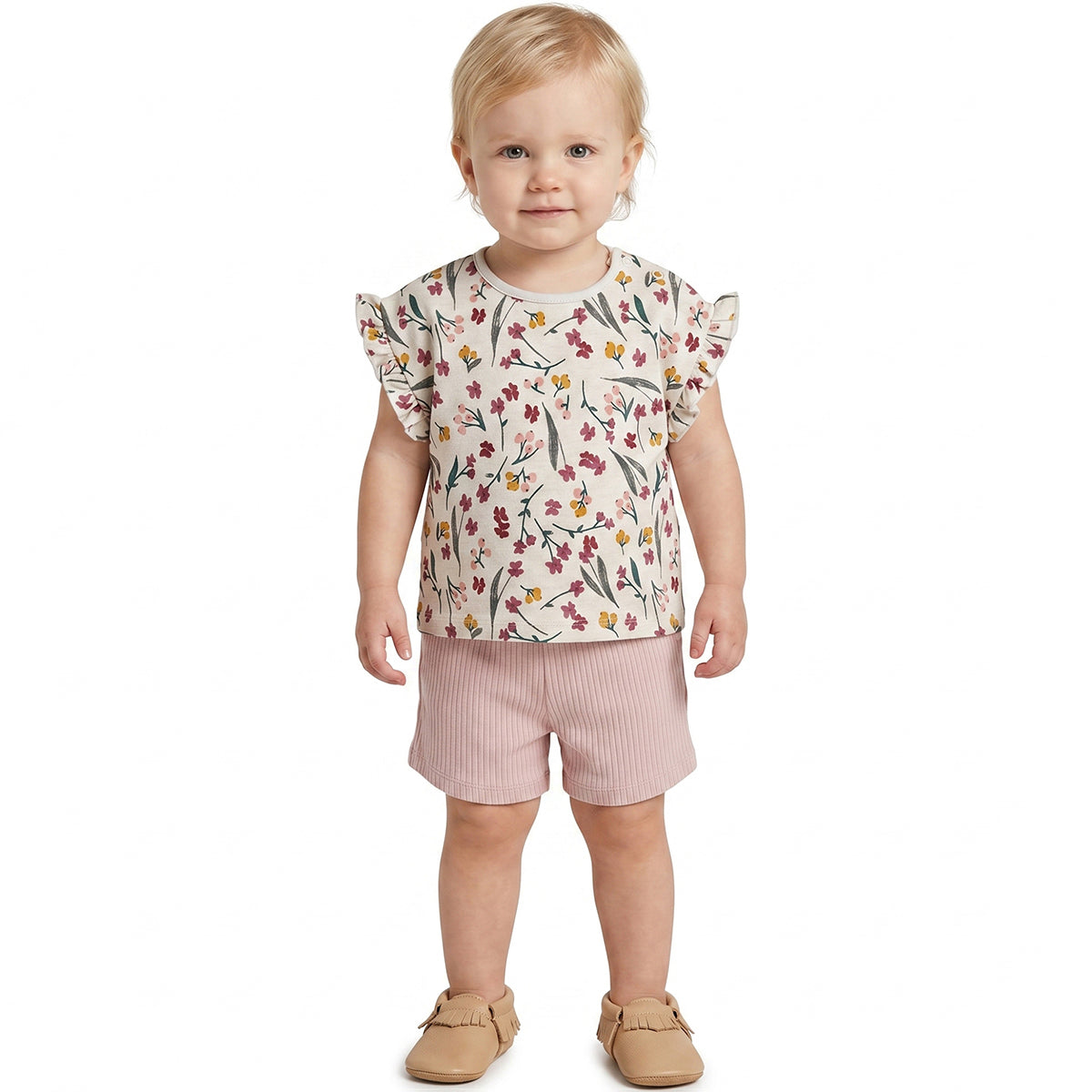 Baby Girls Floral Printed Top & Ribbed Shorts Clothing Set Regular Fit Casual Kids Co-ord Set
