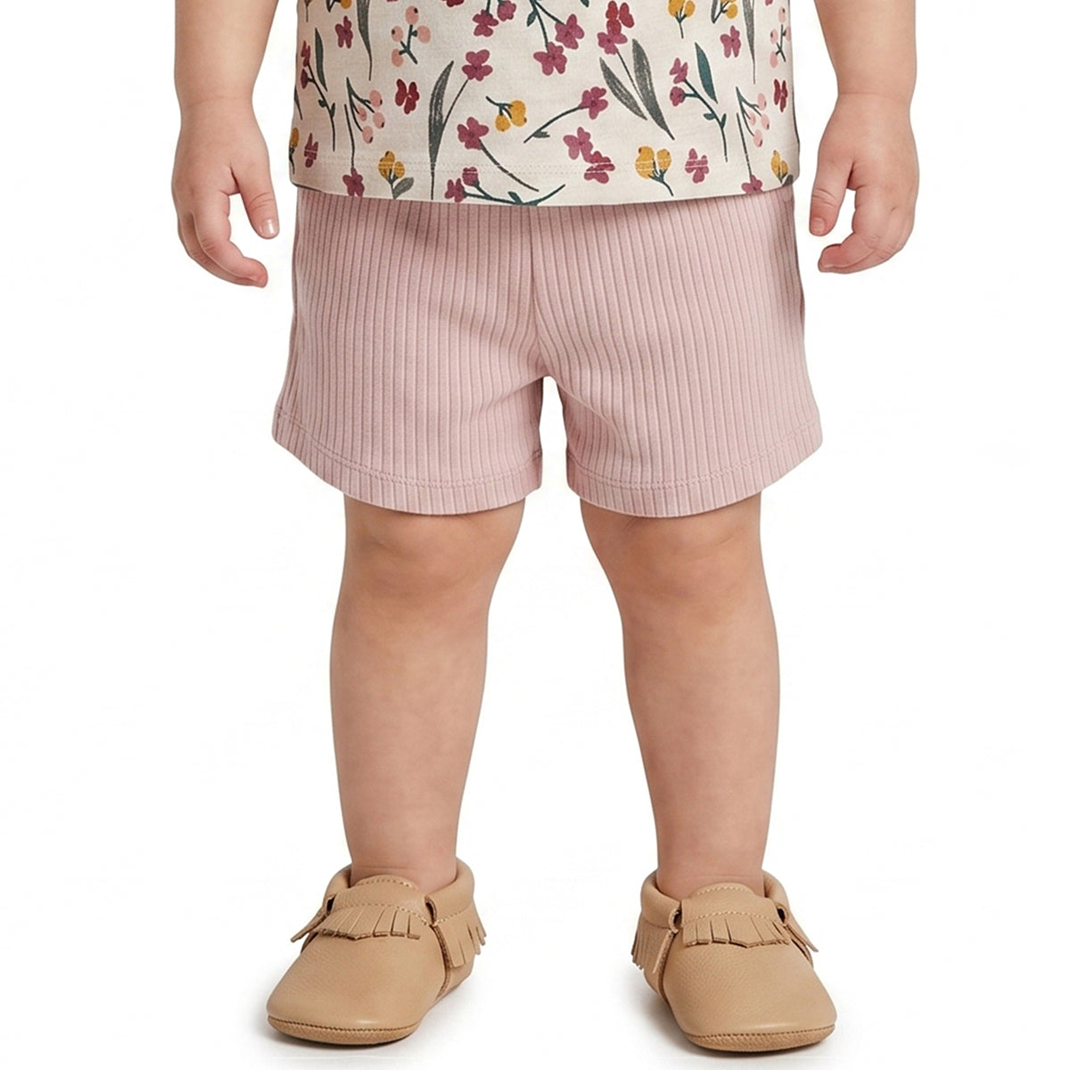 Baby Girls Floral Printed Top & Ribbed Shorts Clothing Set Regular Fit Casual Kids Co-ord Set