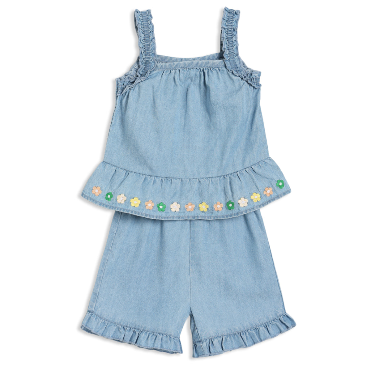 Baby Girls Denim Top & Shorts Set with Floral Embroidery Trim, Light Blue