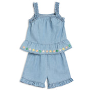 Baby Girls Denim Top & Shorts Set with Floral Embroidery Trim, Light Blue