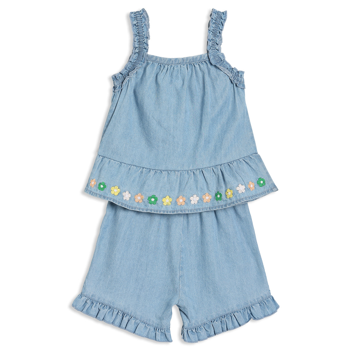 Baby Girls Denim Top & Shorts Set with Floral Embroidery Trim, Light Blue