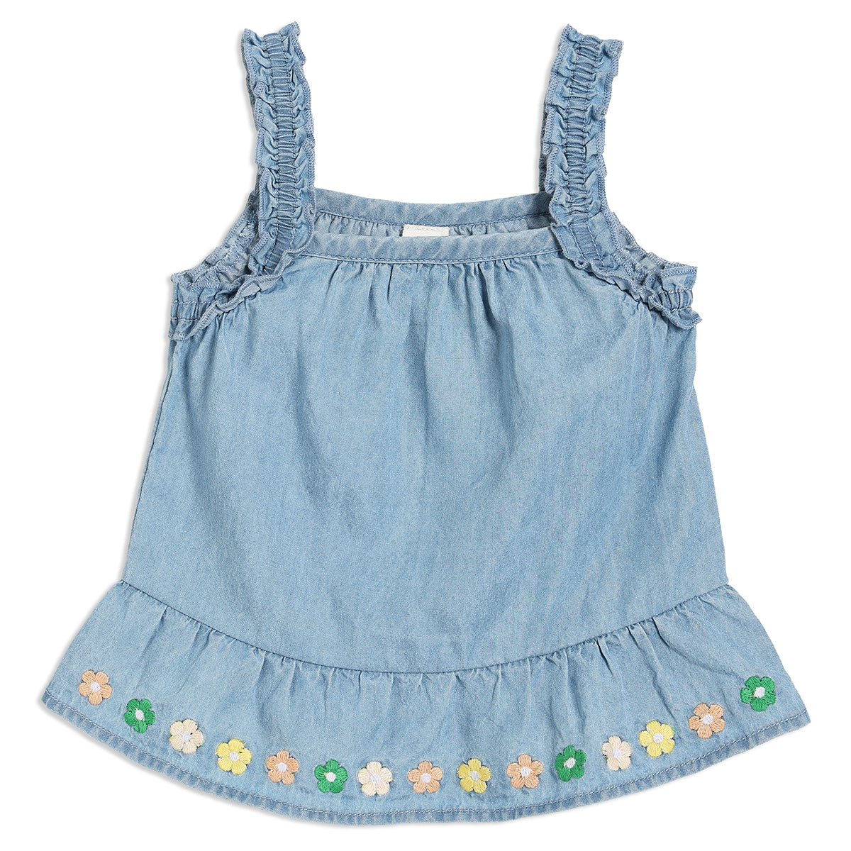 Baby Girls Denim Top & Shorts Set with Floral Embroidery Trim, Light Blue