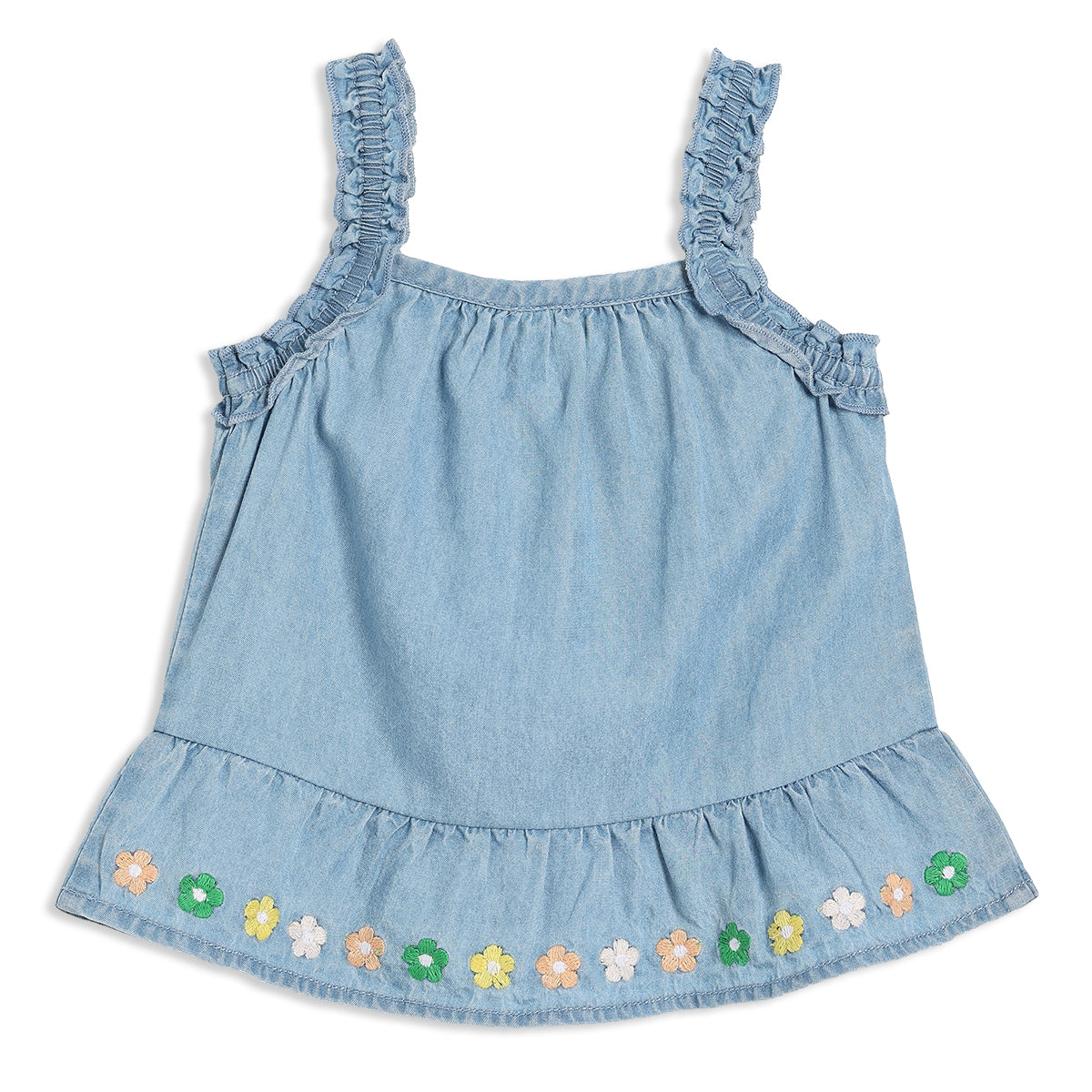 Baby Girls Denim Top & Shorts Set with Floral Embroidery Trim, Light Blue