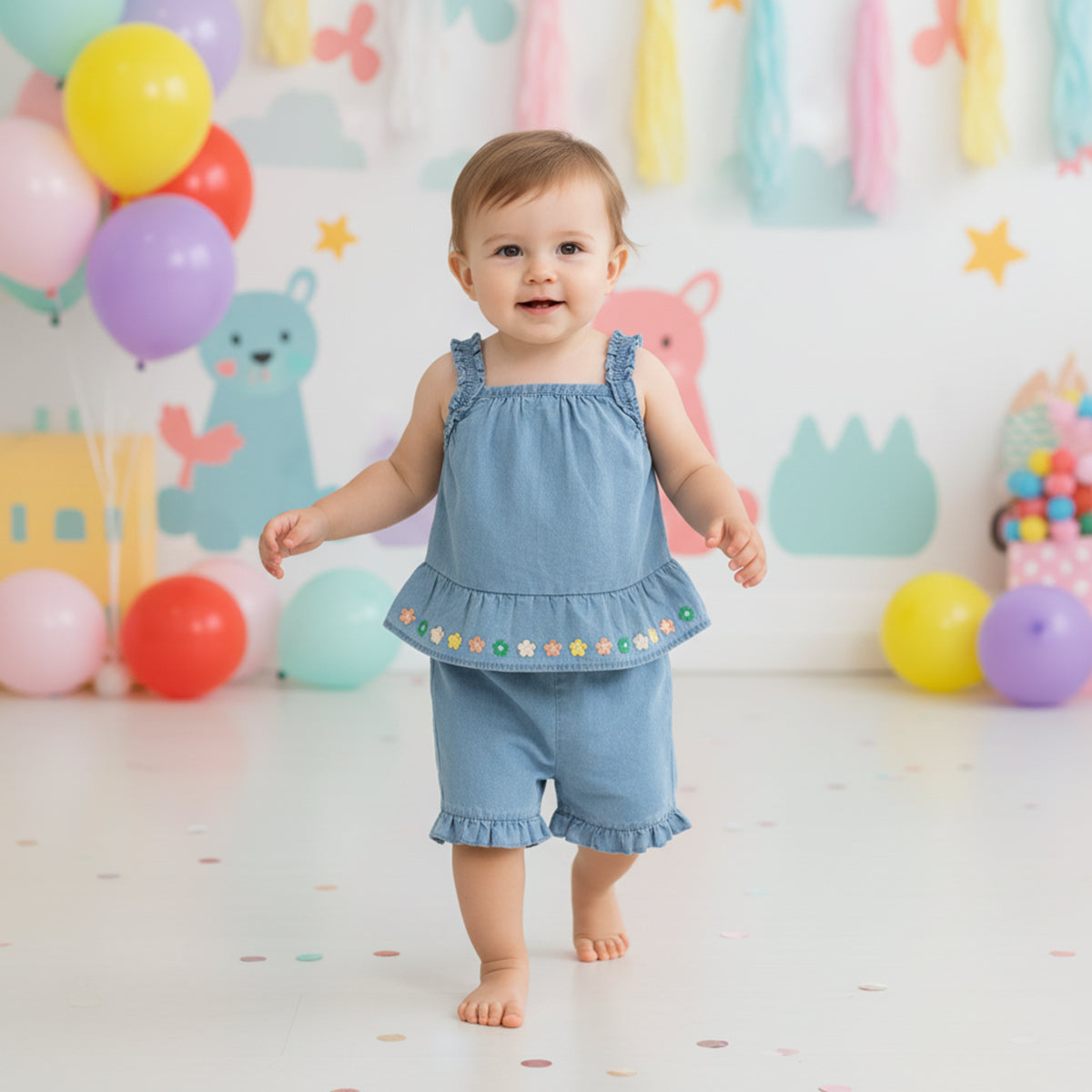 Baby Girls Denim Top & Shorts Set with Floral Embroidery Trim, Light Blue