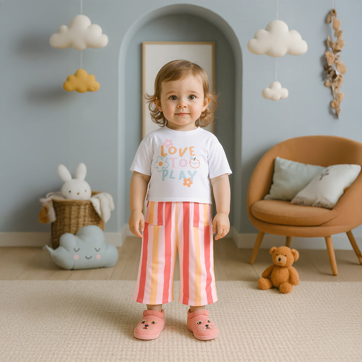 Baby Girls Love to Play Printed T-Shirt and Striped Pants Set, Multicolour