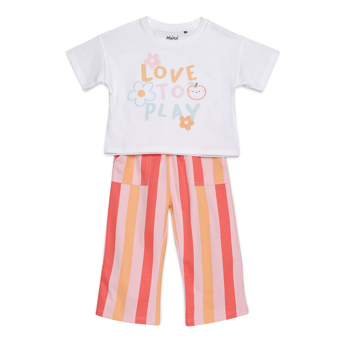 Baby Girls Love to Play Printed T-Shirt and Striped Pants Set, Multicolour