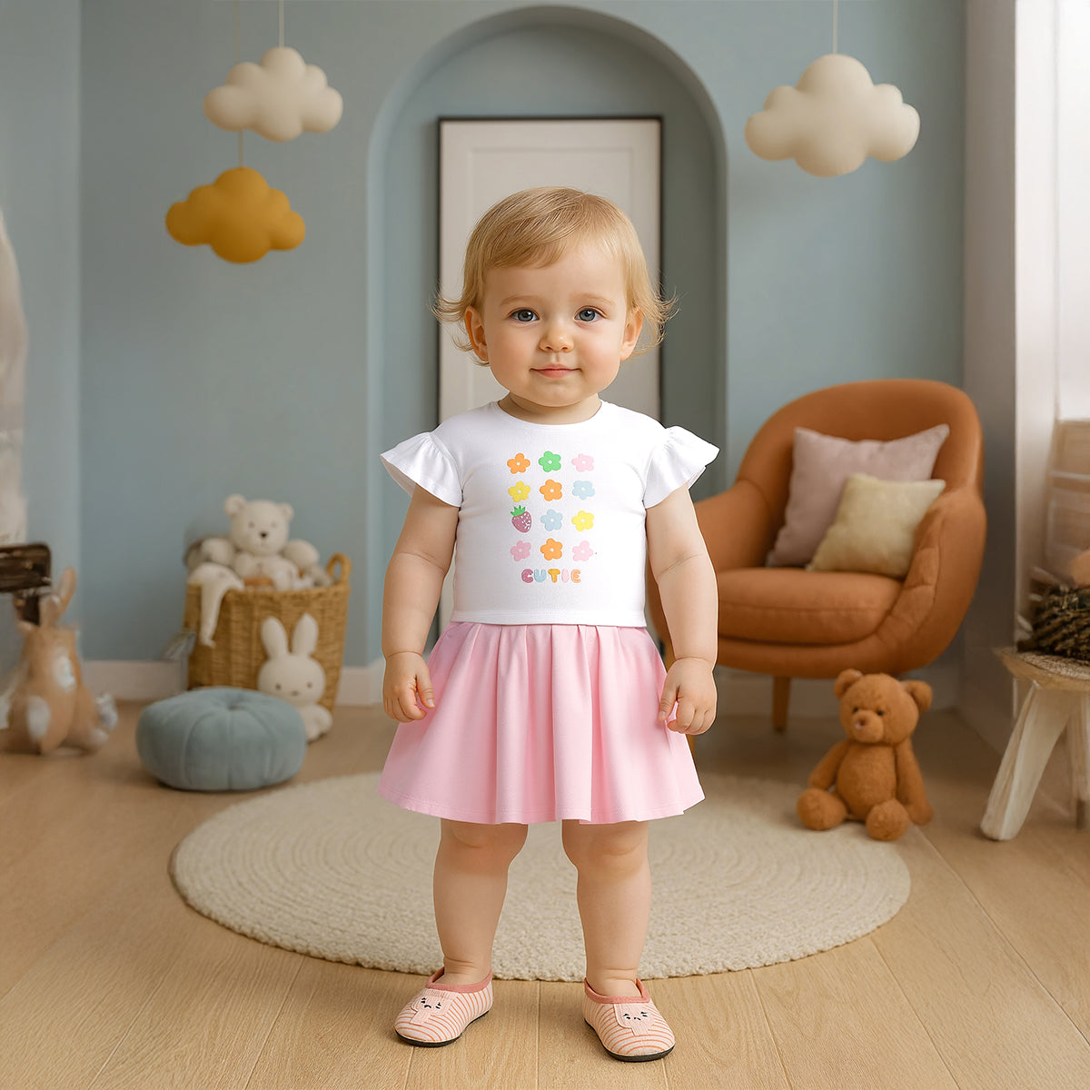 Baby Girls Cutie Flower Print T-Shirt and Skirt Set, Pink