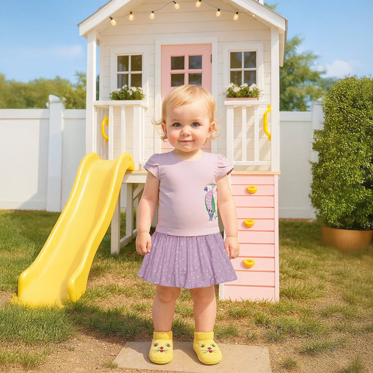 Baby Girls Parrot Print T-Shirt and Printed Skirt Set, Lilac