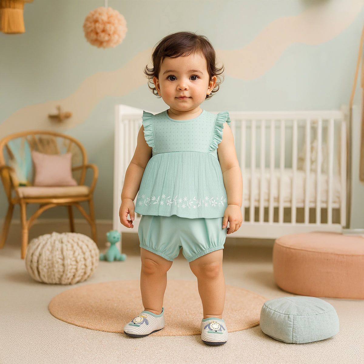 Baby Girls Embroidered Top and Bloomer Set, Mint Green