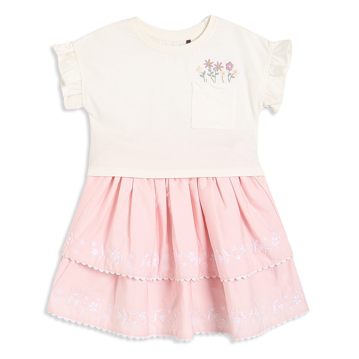 Baby Girls Top and Layered Skirt Set with Floral Embroidery, Cream and Pink