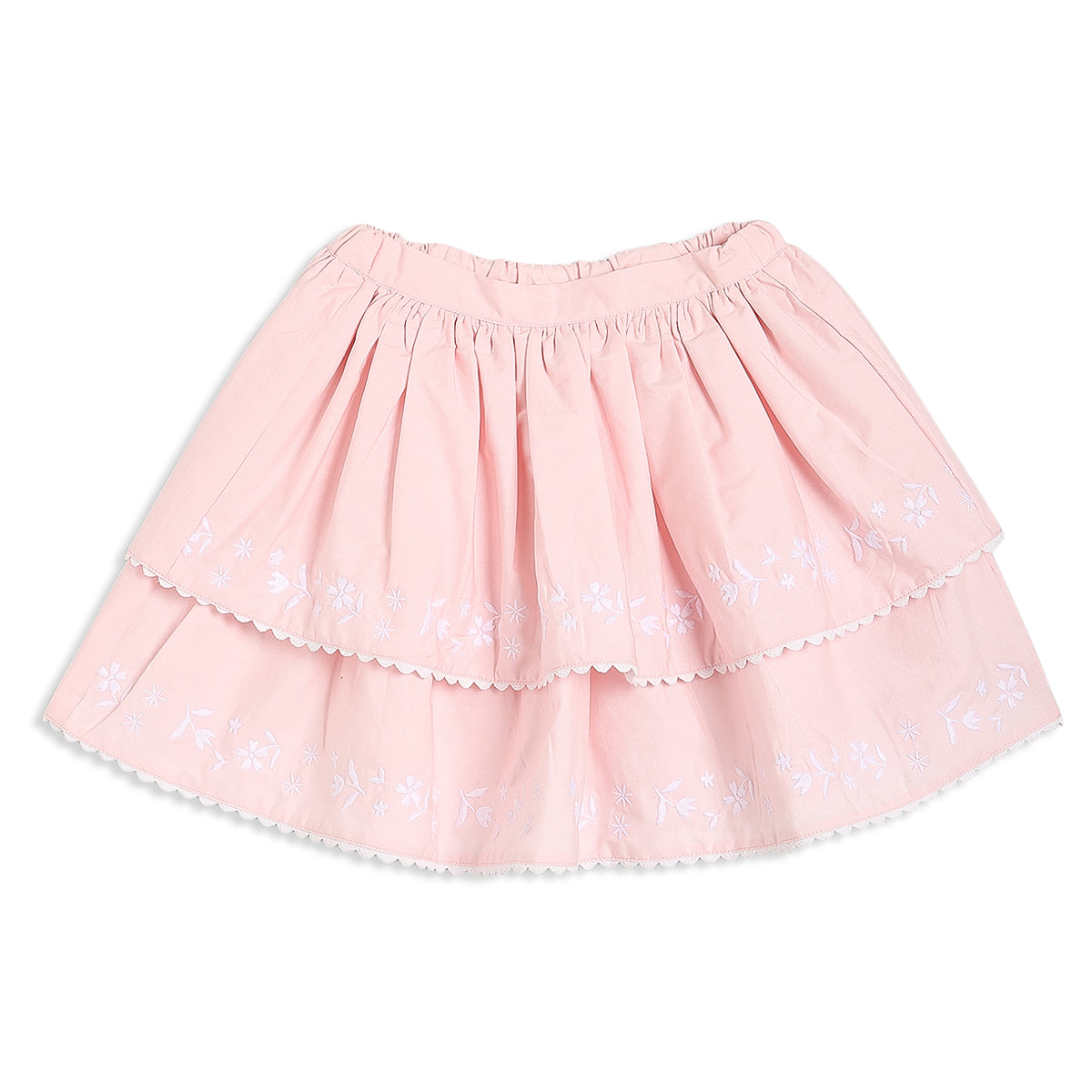 Baby Girls Top and Layered Skirt Set with Floral Embroidery, Cream and Pink