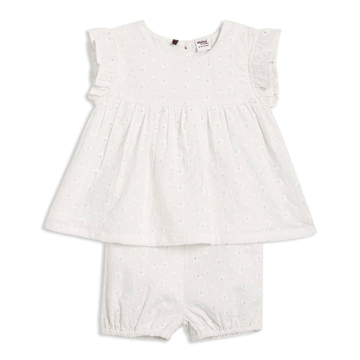 Baby Girls Schiffli Embroidered Top & Shorts Set – White