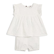 Baby Girls Schiffli Embroidered Top & Shorts Set – White