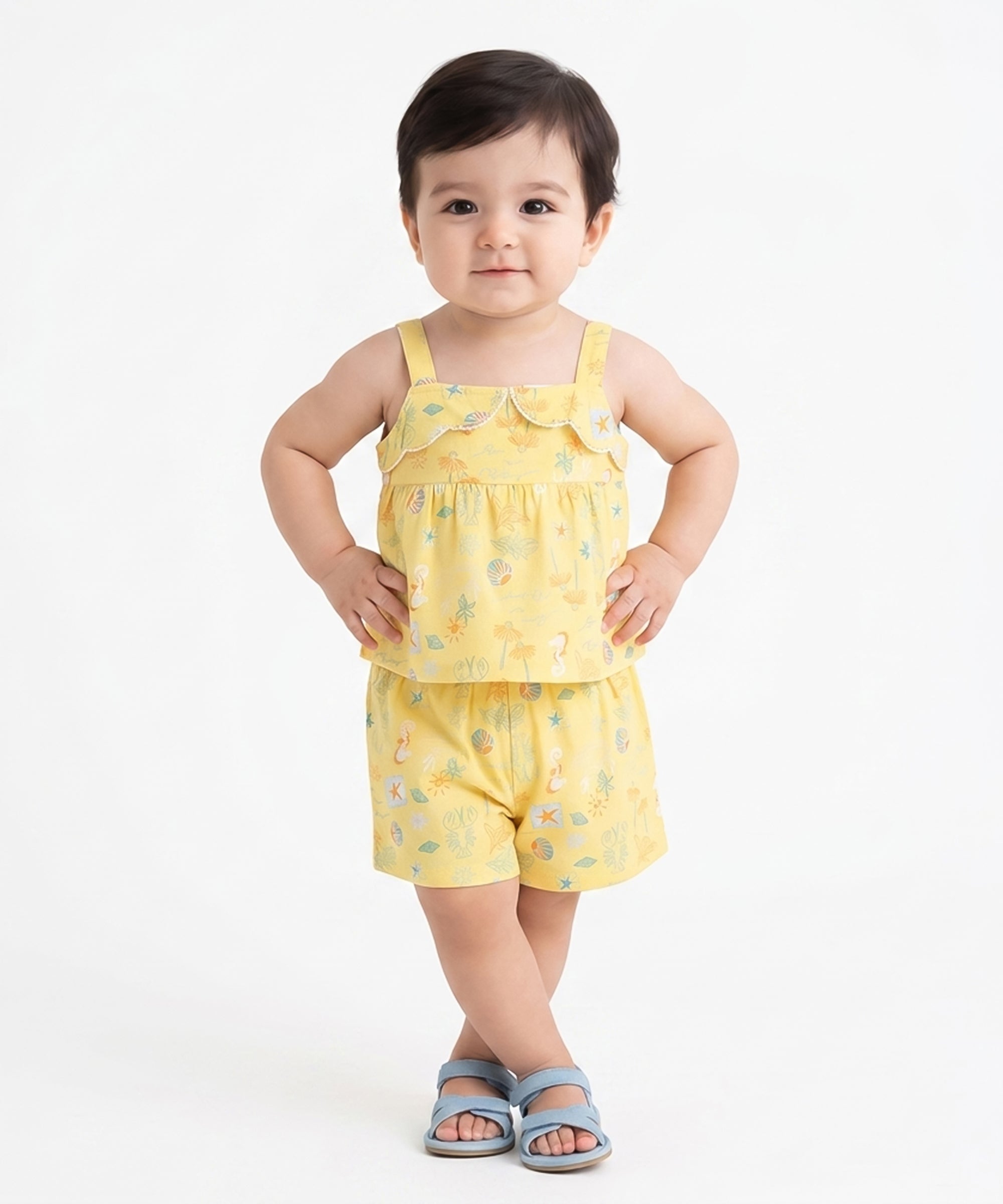 Baby Girls Sea Life Print Top with Shorts Set, Yellow