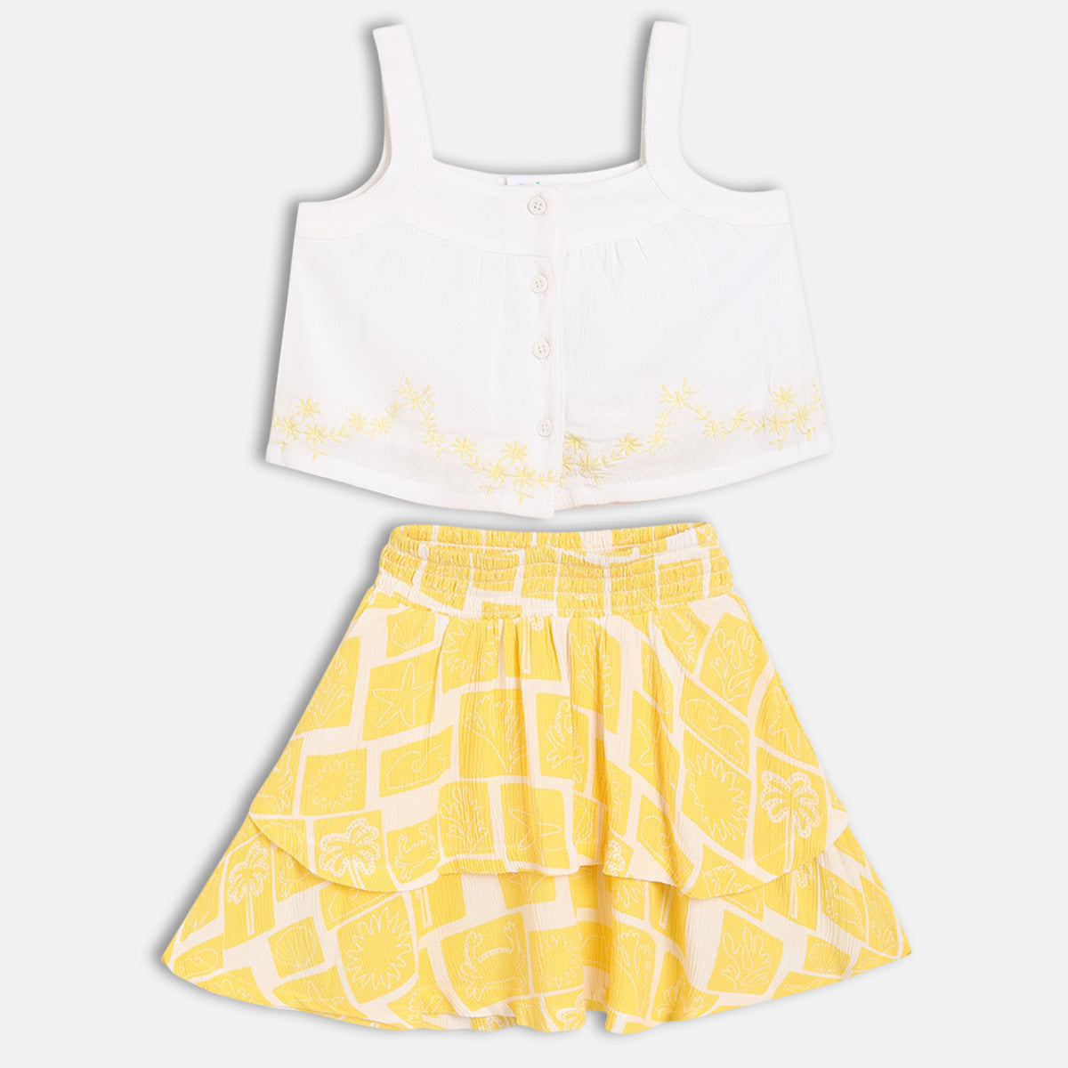 Baby Girls Printed Top And Skirt Set, White And Yellow