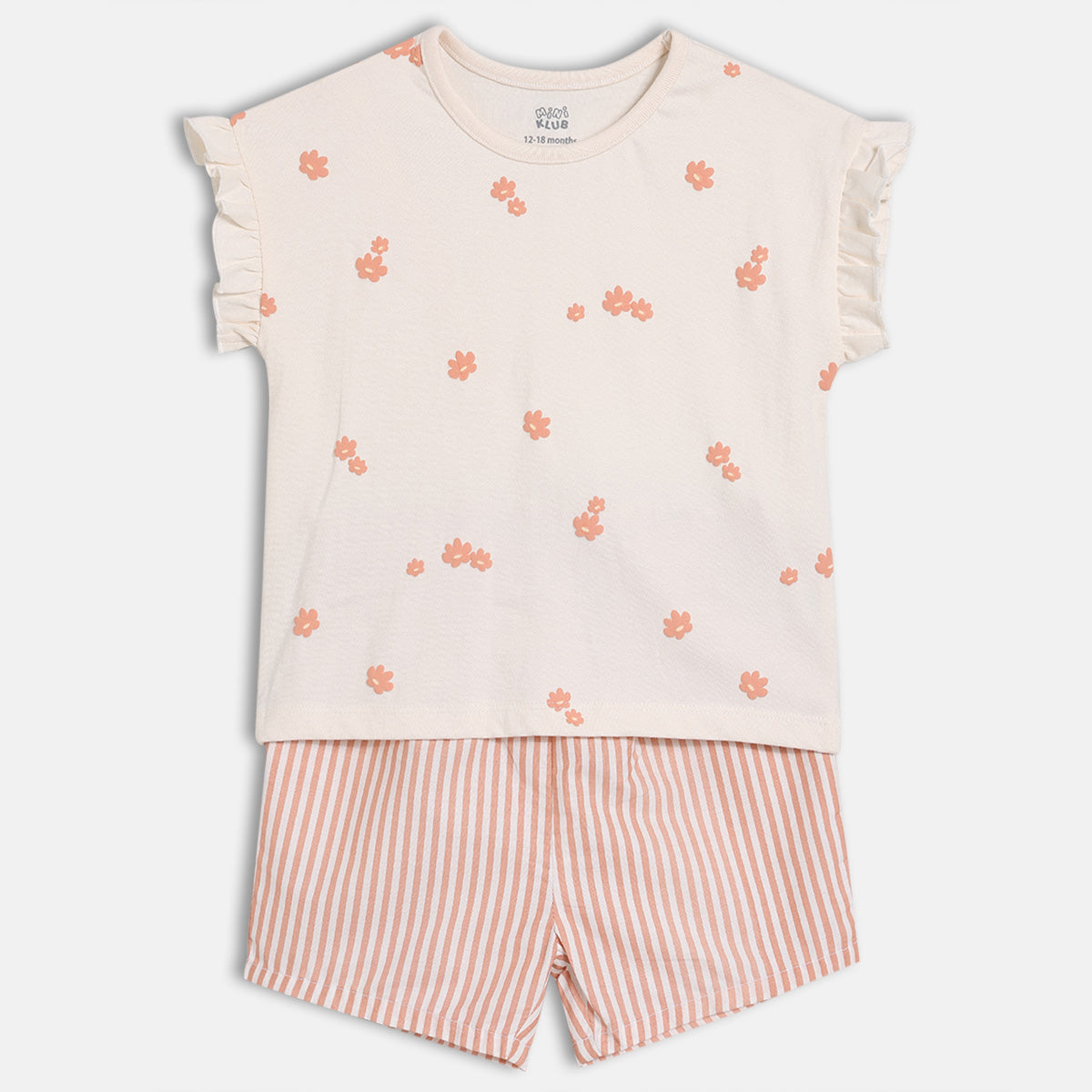 Baby Girls Printed Top with Striped Shorts Set, Cream & Peach