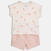 Baby Girls Printed Top with Striped Shorts Set, Cream & Peach