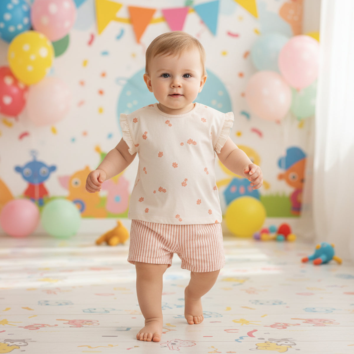 Baby Girls Printed Top with Striped Shorts Set, Cream & Peach