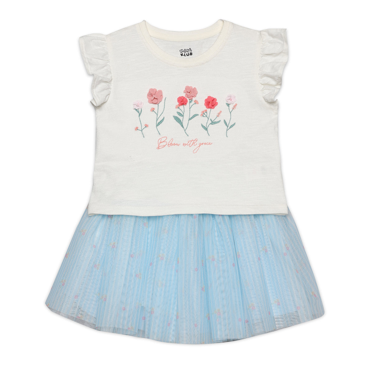 Baby Girls Floral Embroidered Top and Skirt, Cream and Light Blue