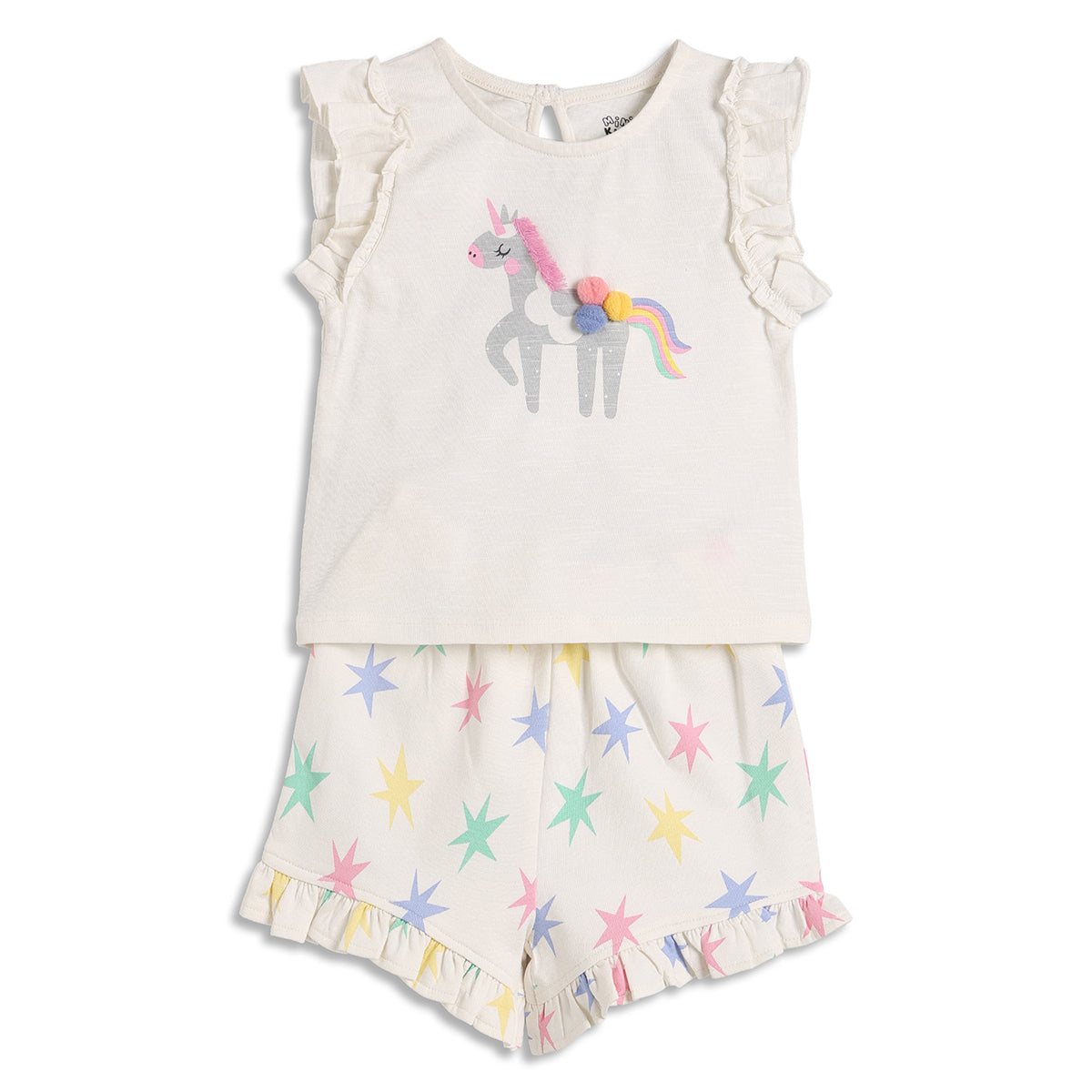 Baby Girls Unicorn Print Top and Star Print Shorts Set, Off White