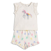 Baby Girls Unicorn Print Top and Star Print Shorts Set, Off White