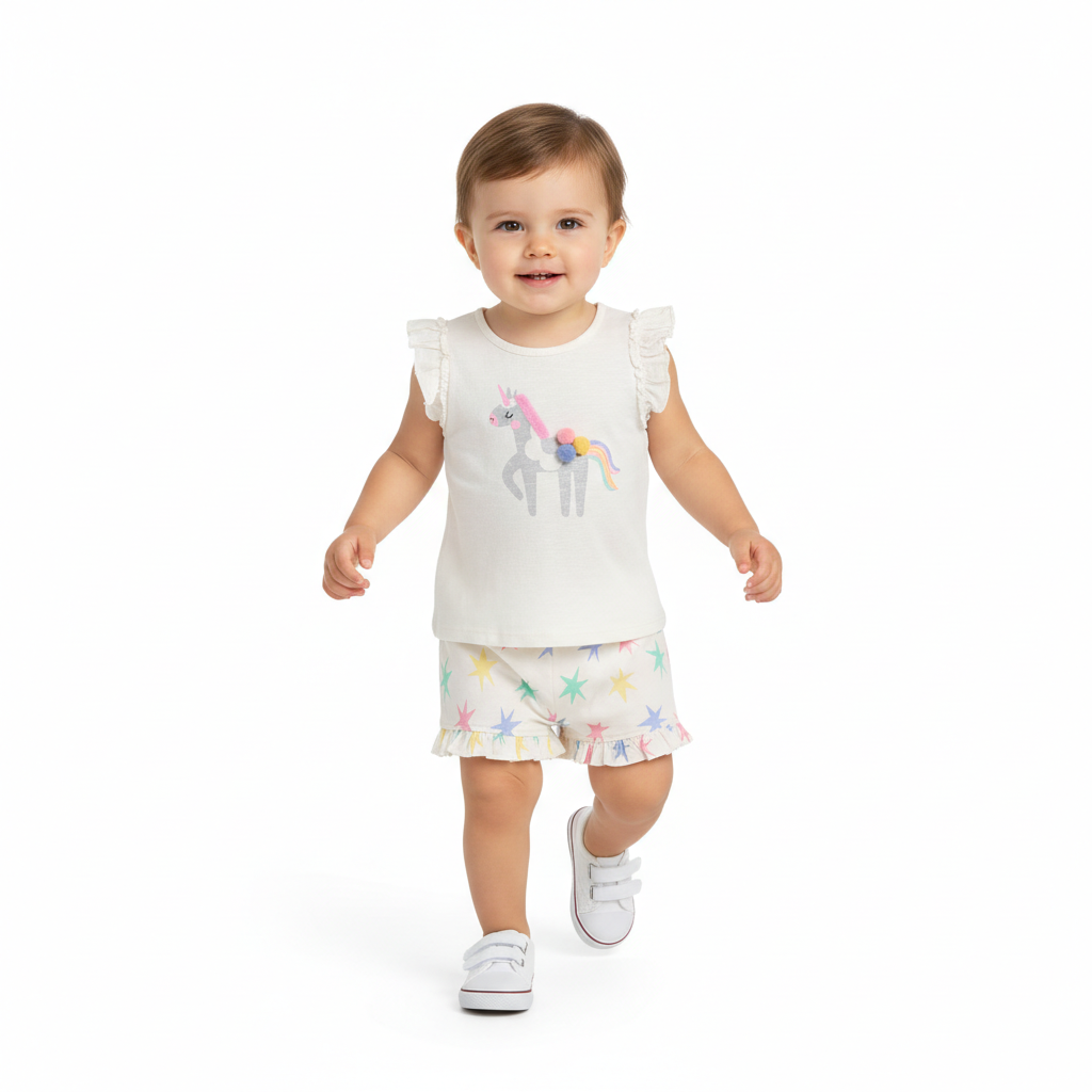 Baby Girls Unicorn Print Top and Star Print Shorts Set, Off White