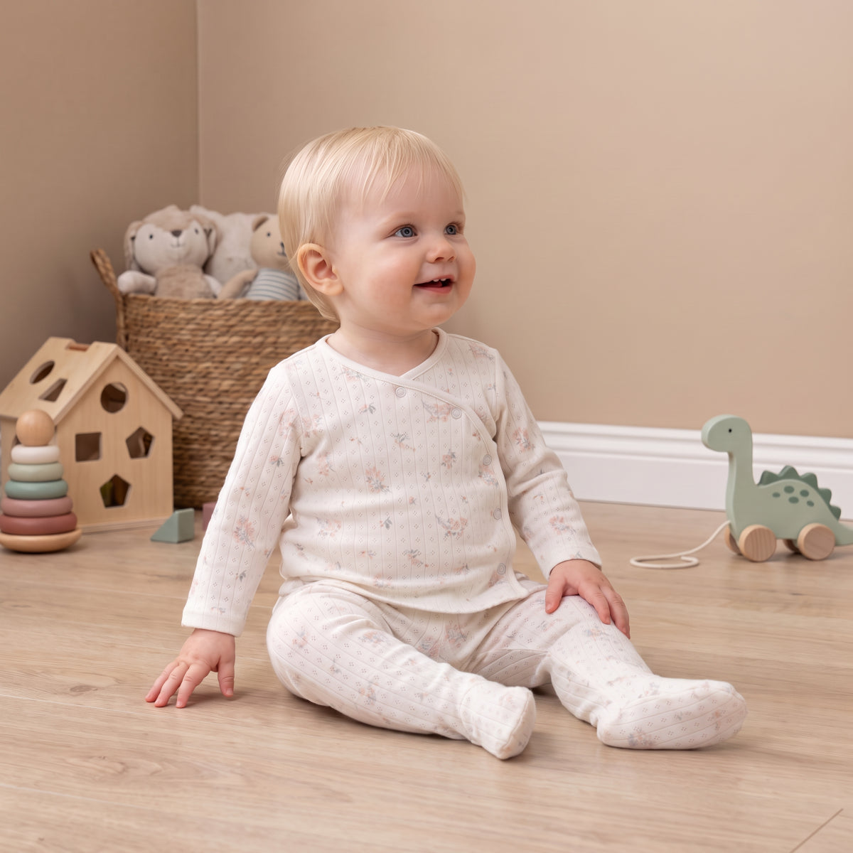 Baby Girls Floral Print Top and Bottom Set, Cream