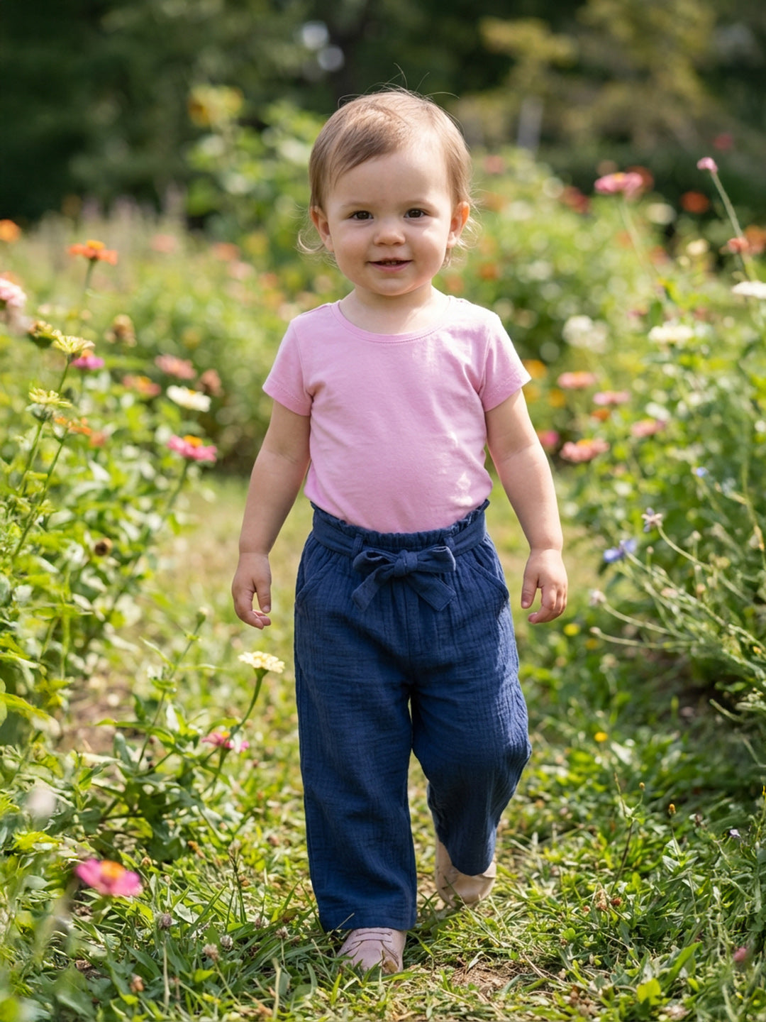 Baby Girls Solid Paperbag Waist Pants, Navy Blue