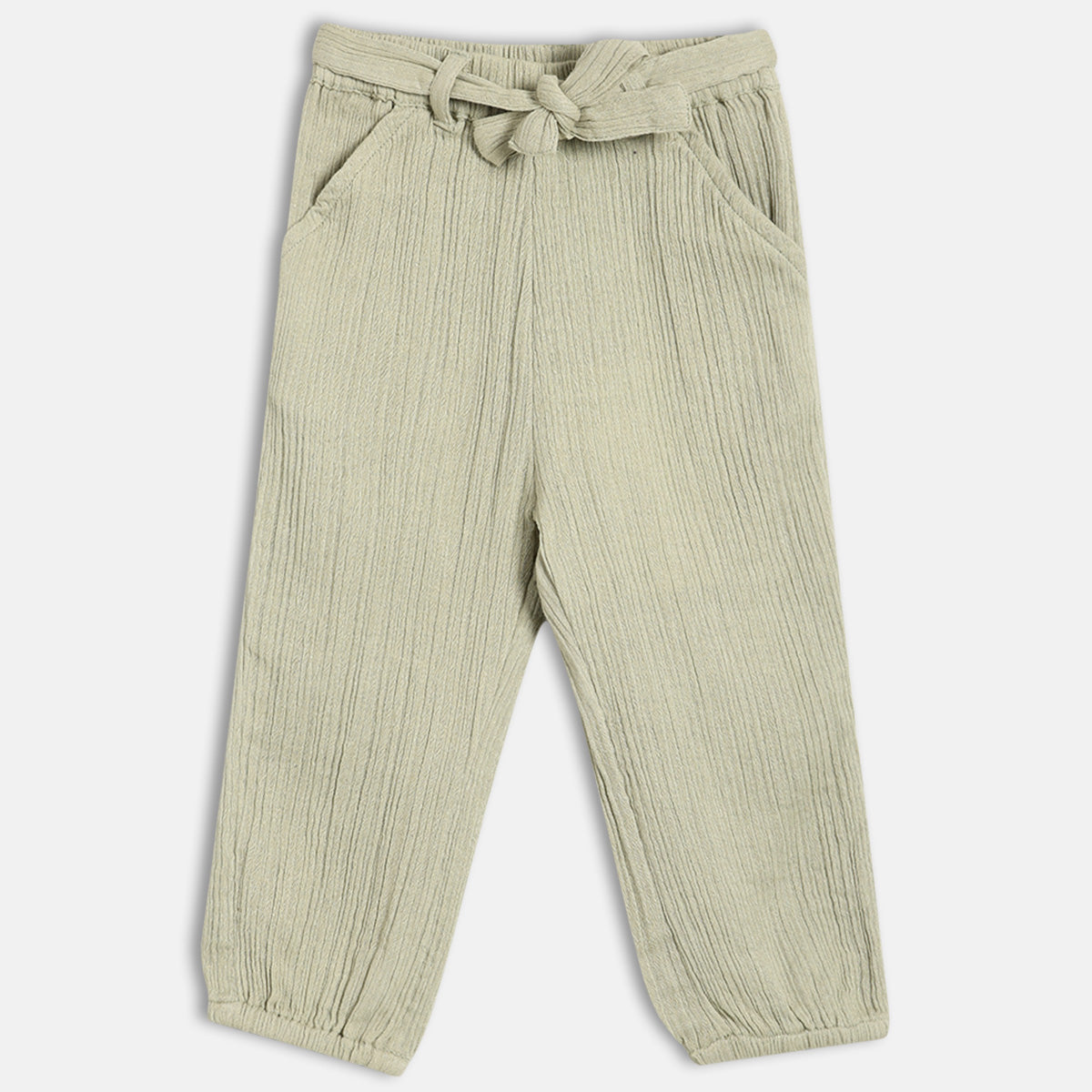 Baby Girls Solid Pants with Tie-Up Waist, Light Green