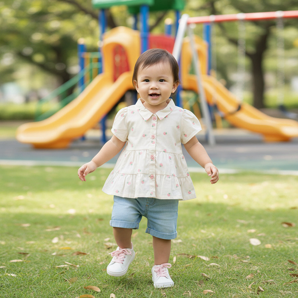 Baby Girls Printed Woven Top, Cream