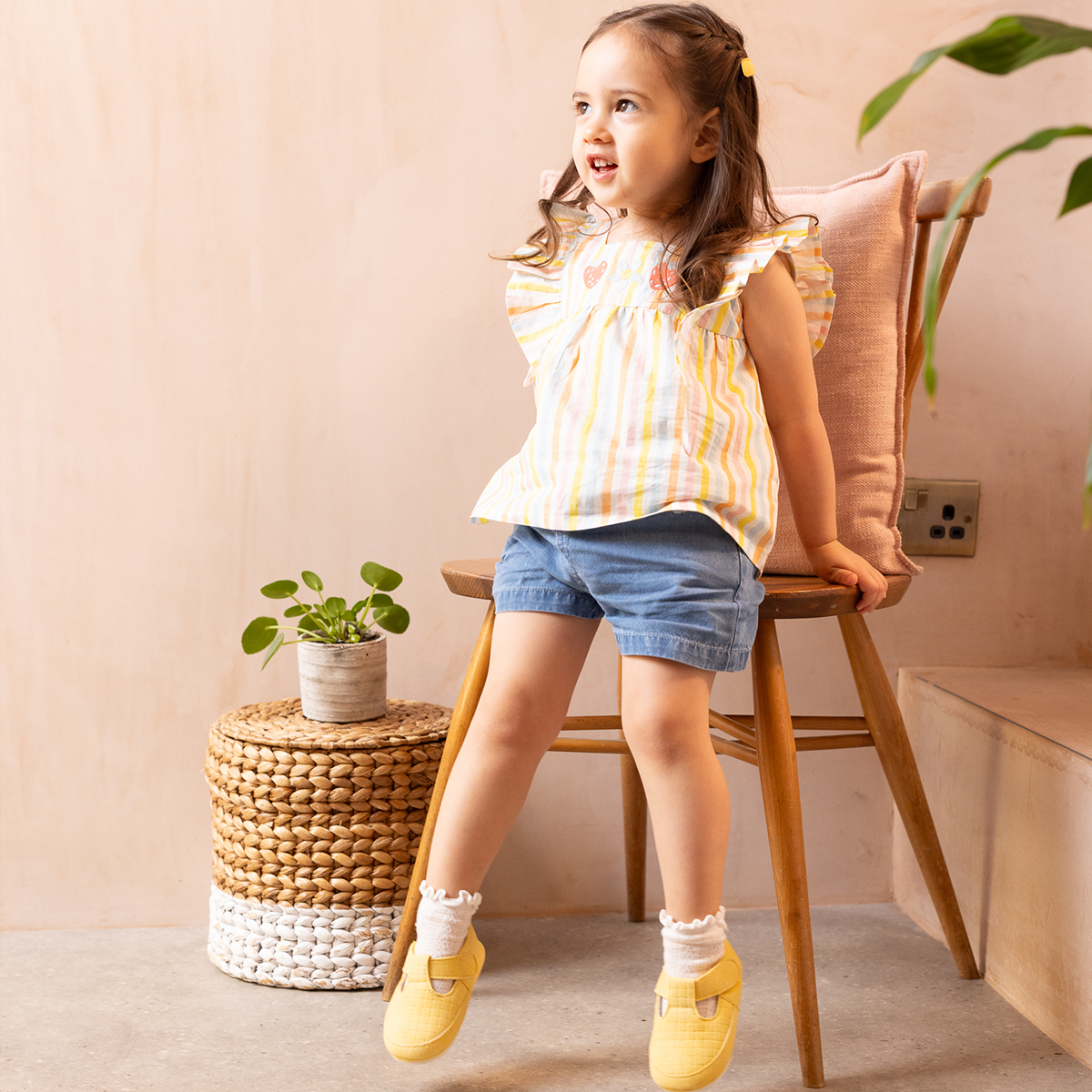 Baby Girls Denim Shorts with Floral Embroidery, Light Blue