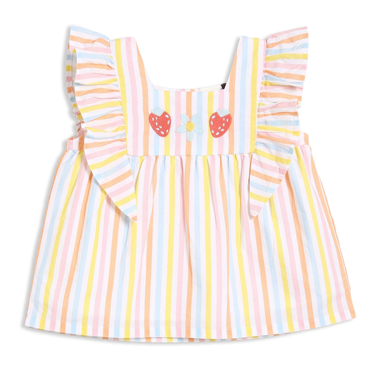 Baby Girls Striped Woven Top with Embroidered Motifs, Multicolour