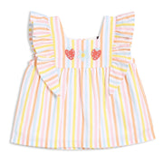 Baby Girls Striped Woven Top with Embroidered Motifs, Multicolour