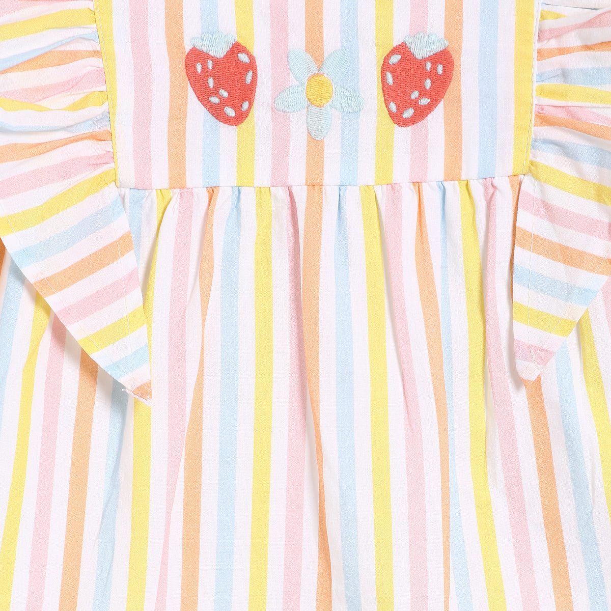 Baby Girls Striped Woven Top with Embroidered Motifs, Multicolour