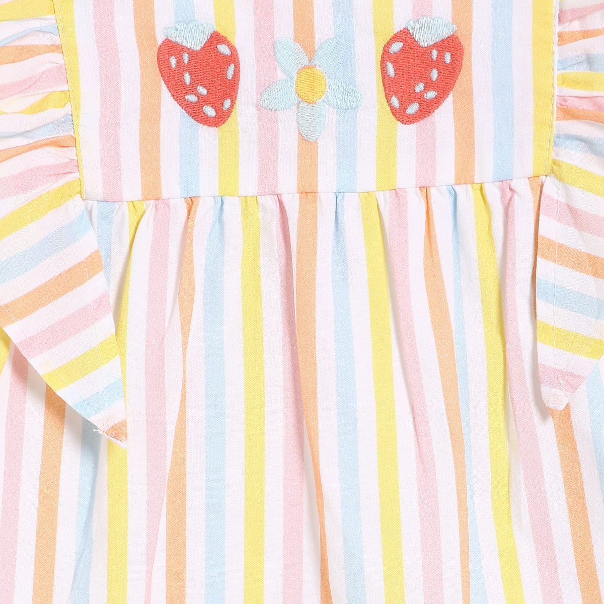 Baby Girls Striped Woven Top with Embroidered Motifs, Multicolour