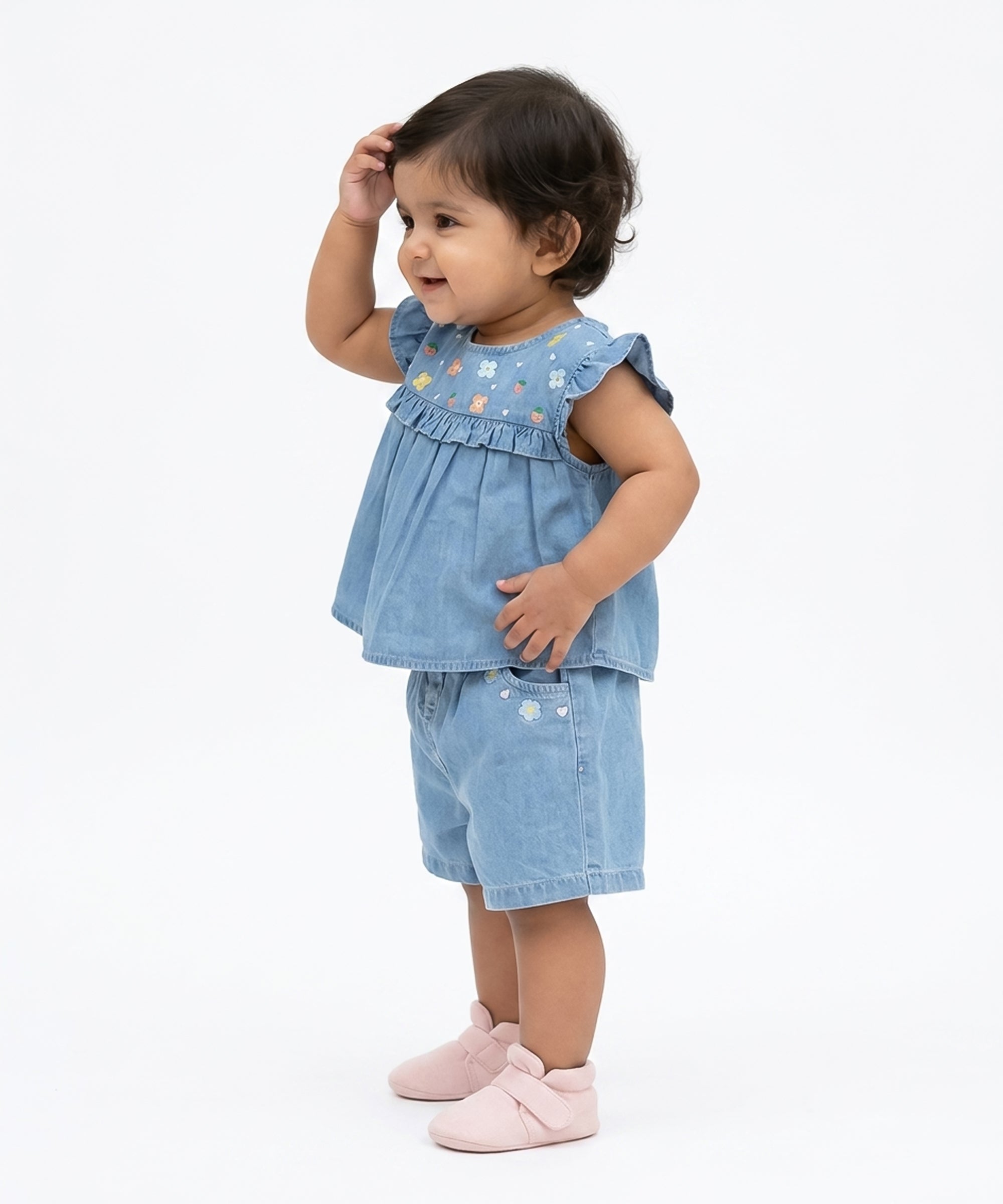 Baby Girls Denim Woven Top with Embroidered Florals, Blue