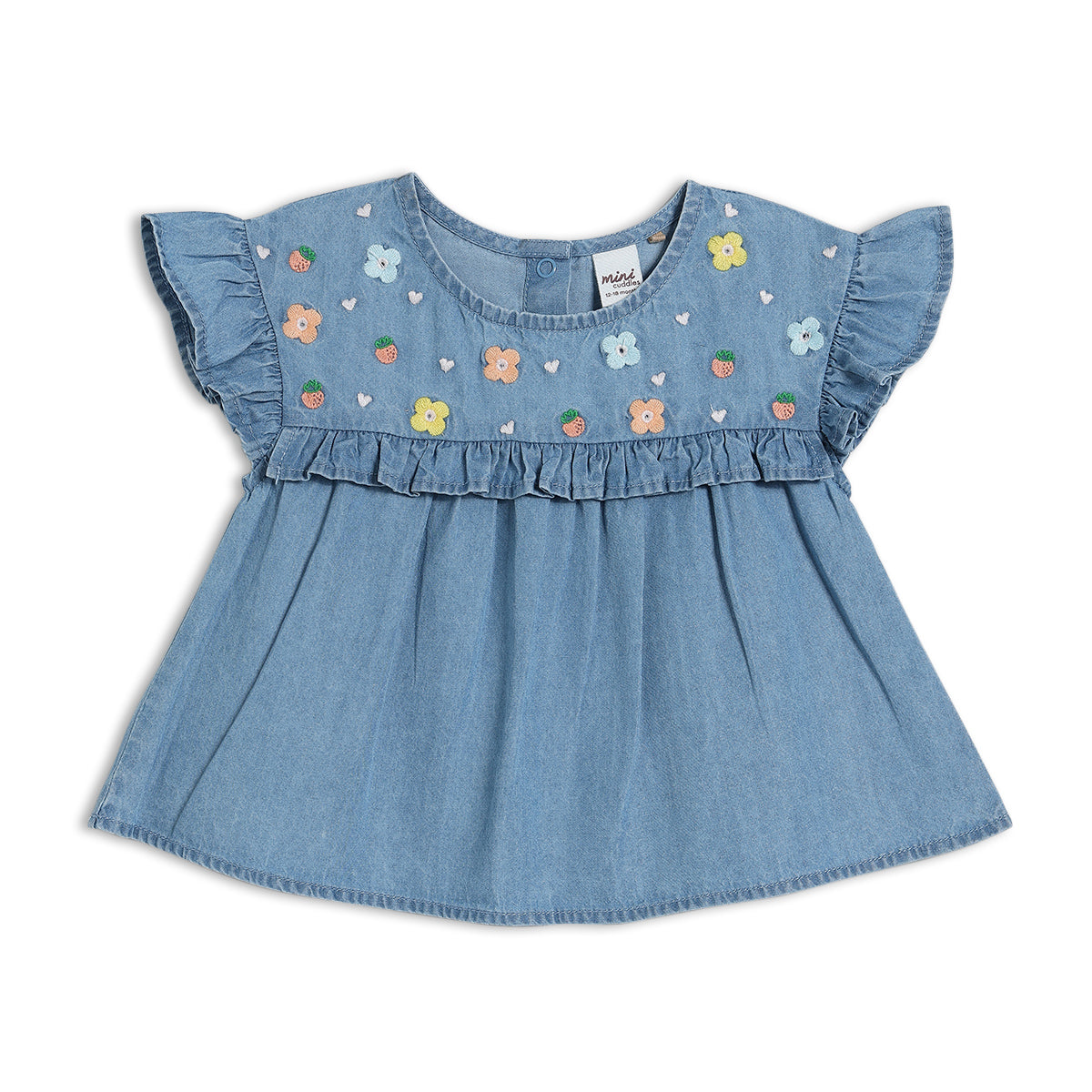 Baby Girls Denim Woven Top with Embroidered Florals, Blue