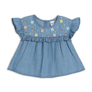 Baby Girls Denim Woven Top with Embroidered Florals, Blue