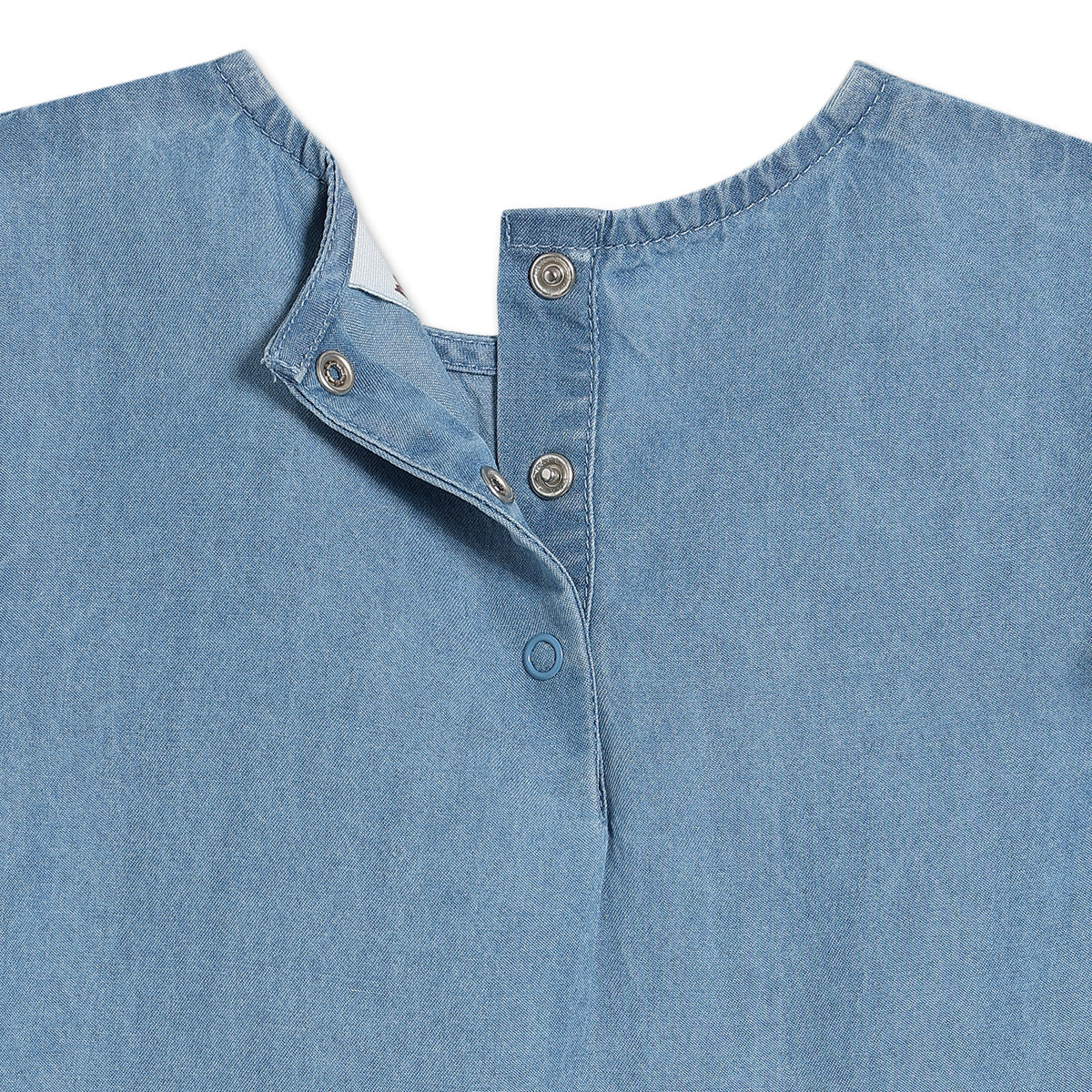 Baby Girls Denim Woven Top with Embroidered Florals, Blue