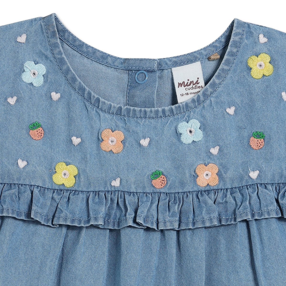 Baby Girls Denim Woven Top with Embroidered Florals, Blue