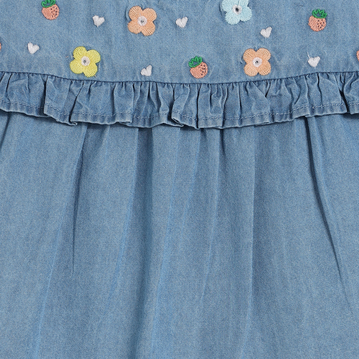 Baby Girls Denim Woven Top with Embroidered Florals, Blue