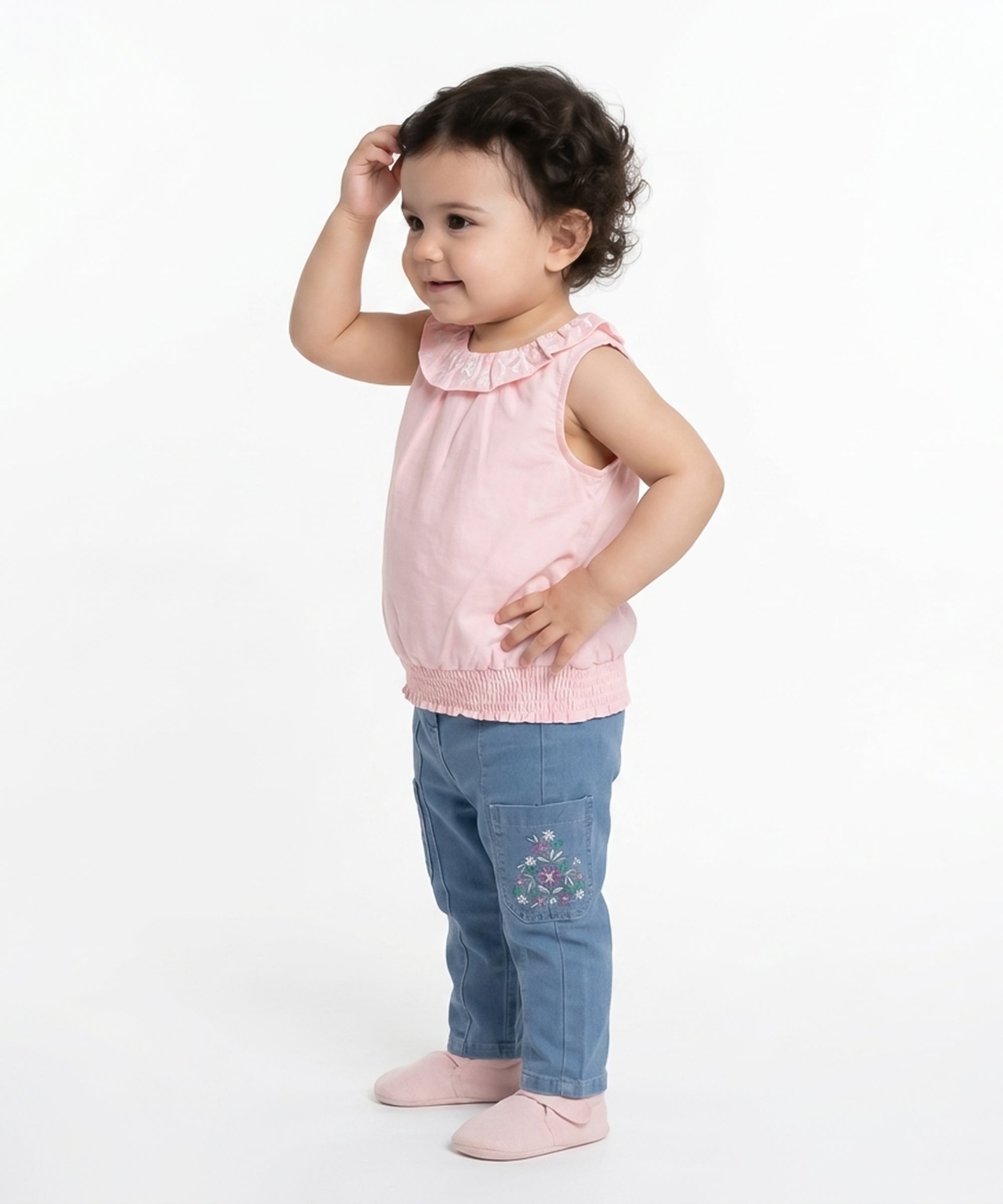 Baby Girls Embroidered Collar Sleeveless Top, Pink