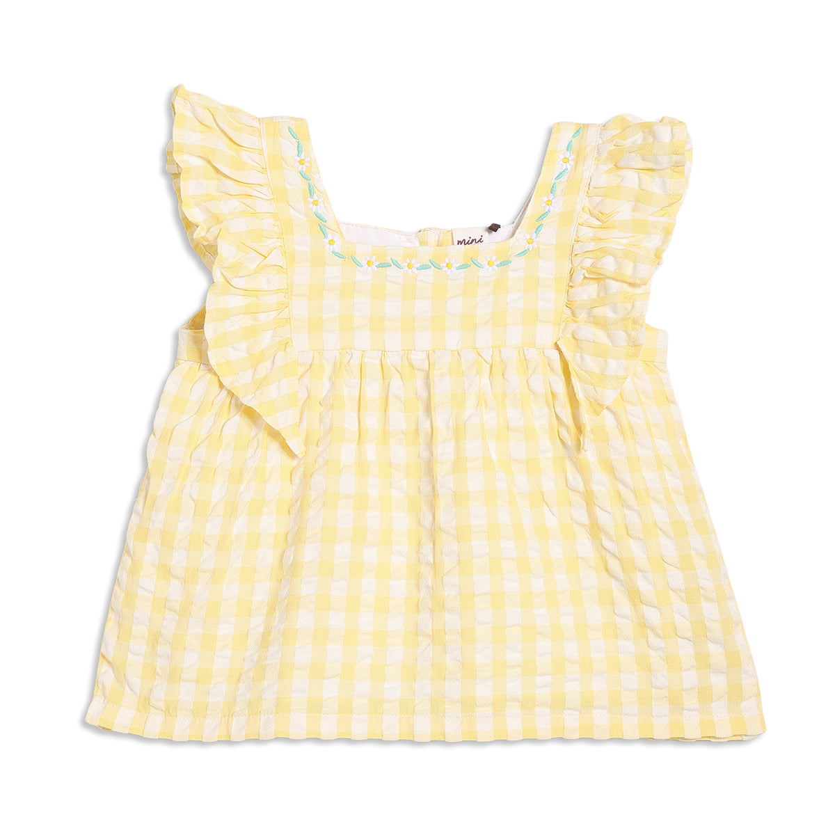 Baby Girls Gingham Check Top with Ruffled Sleeves, Yellow