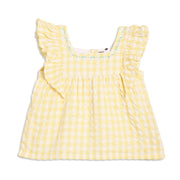Baby Girls Gingham Check Top with Ruffled Sleeves, Yellow