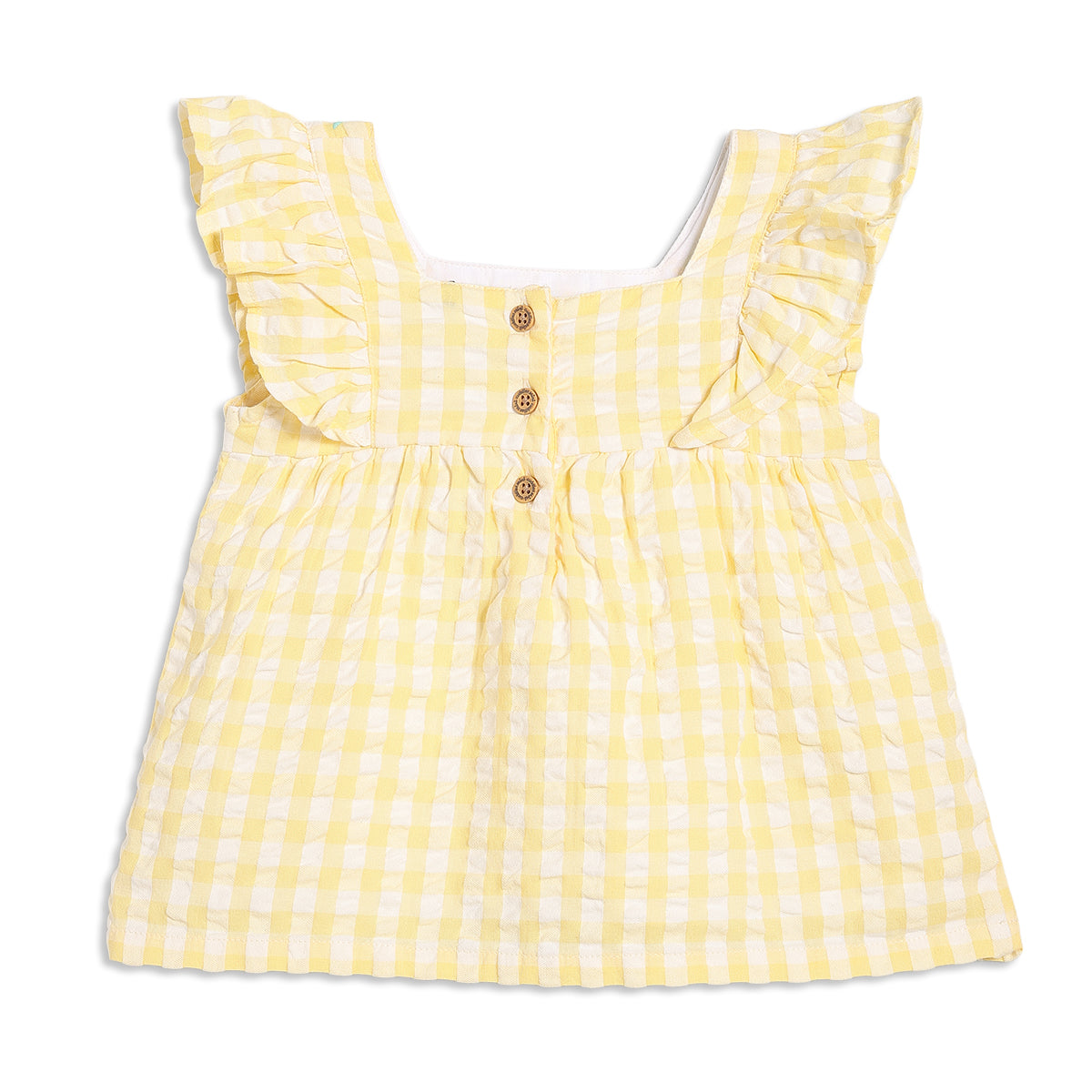 Baby Girls Gingham Check Top with Ruffled Sleeves, Yellow