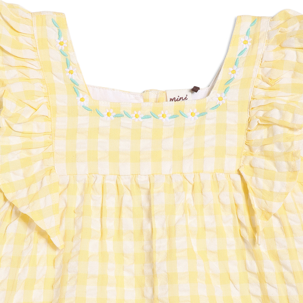 Baby Girls Gingham Check Top with Ruffled Sleeves, Yellow