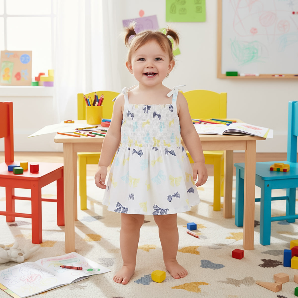 Baby Girls Printed Woven Top, Multicolour