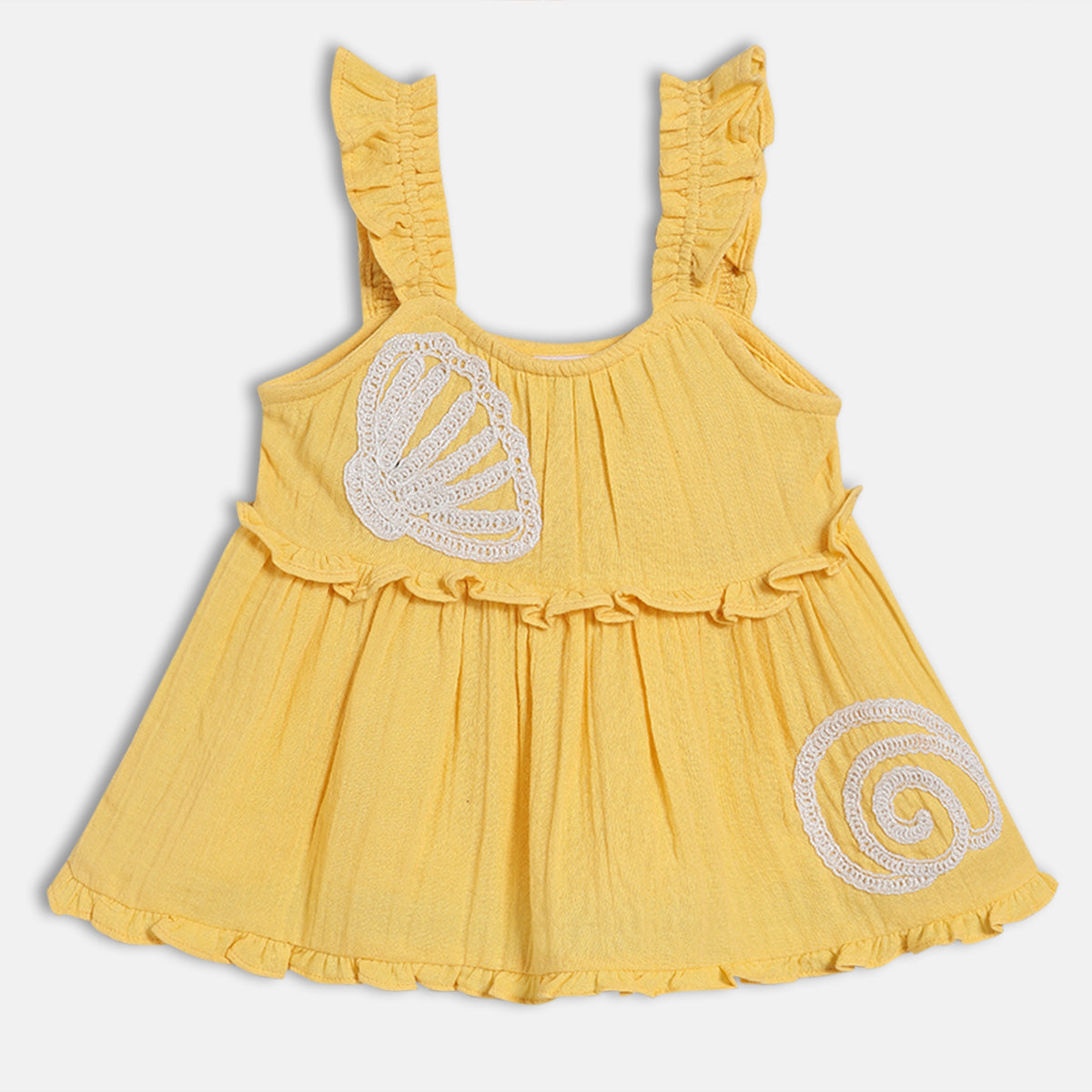 Baby Girls Solid Woven Top with Shell Applique, Yellow