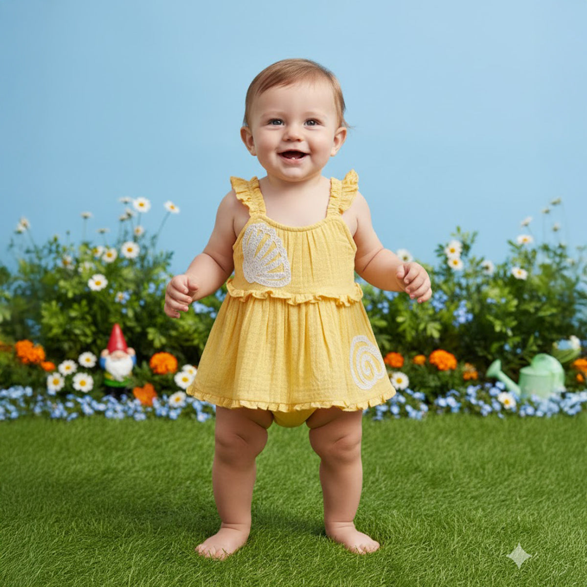 Baby Girls Solid Woven Top with Shell Applique, Yellow